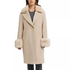 NWT Badgley Mischka Beige Faux Fur Trim Wool Blend Midi Pea Coat Small